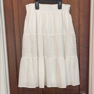 Nine West White Eyelet Tiered Midi Skirt